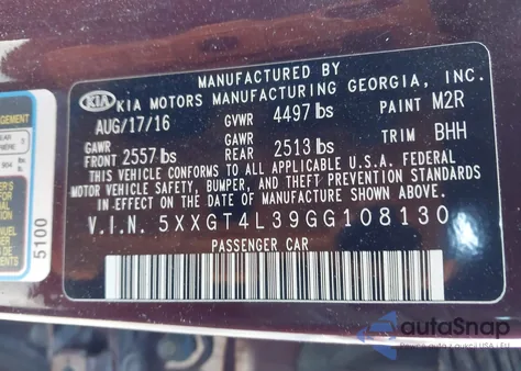 2016 Kia Optima Lx z USA, uszkodzony, nr VIN 5XXGT4L39GG108130